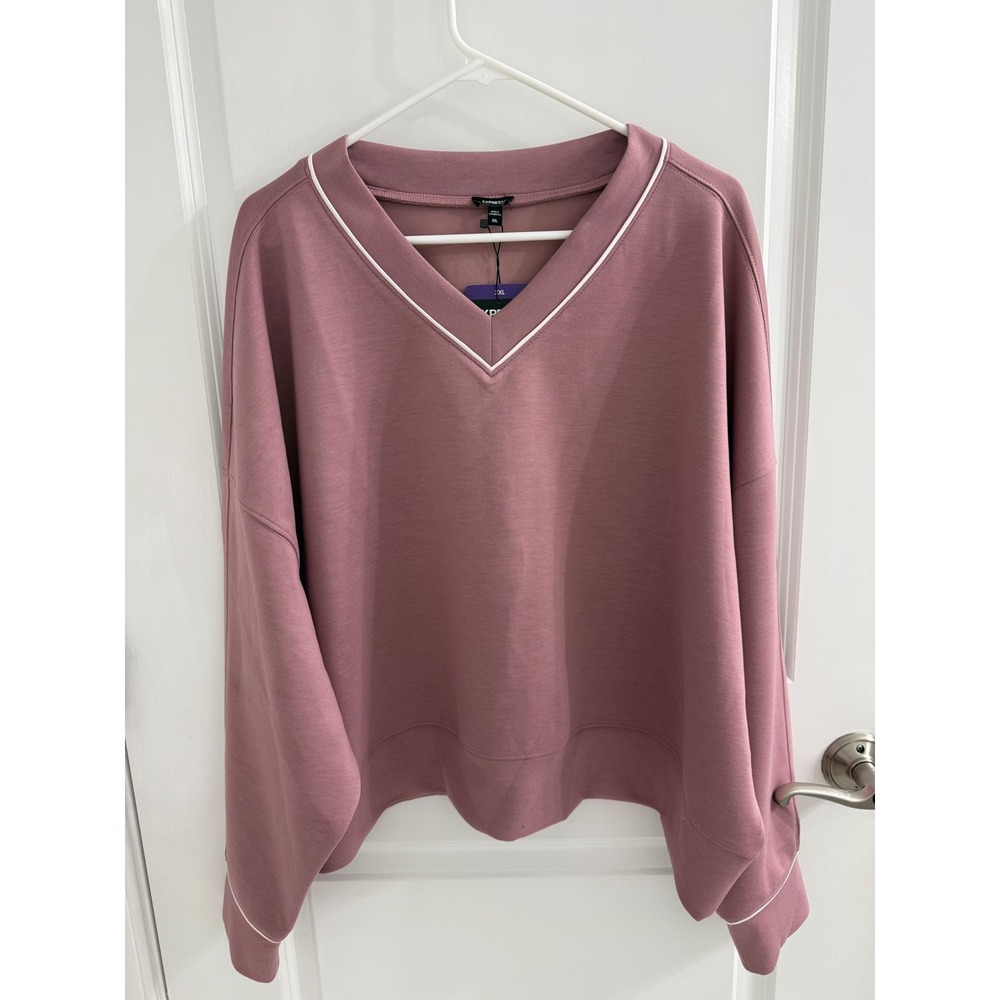 Express Womens XXL Dusty Rose Mauve V-Neck Sweatshirt White Piping Pullover NEW - Picture 1 of 4